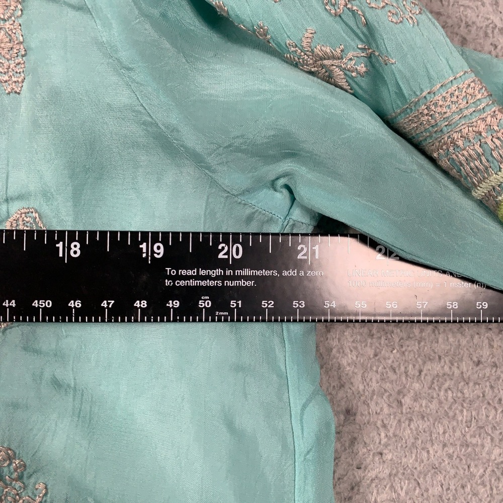 Johnny Was Allbee Blouse Womens Small S Aqua Blue Embroidered Scalloped Boho Top - Picture 9 of 11